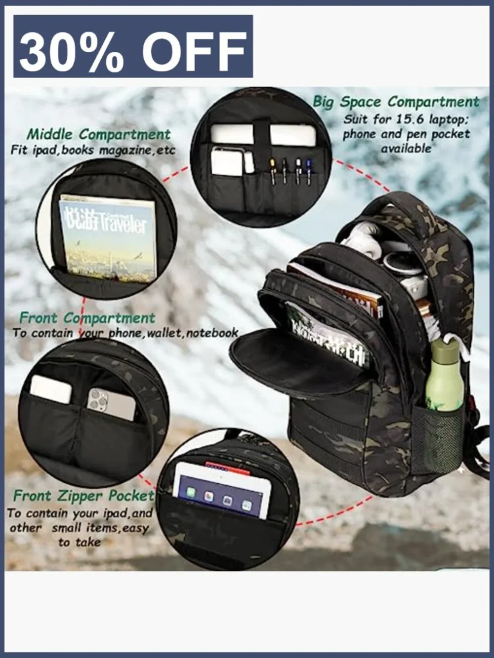 40L Tactical Military Style Backpack with USB Port, Fits 15.6